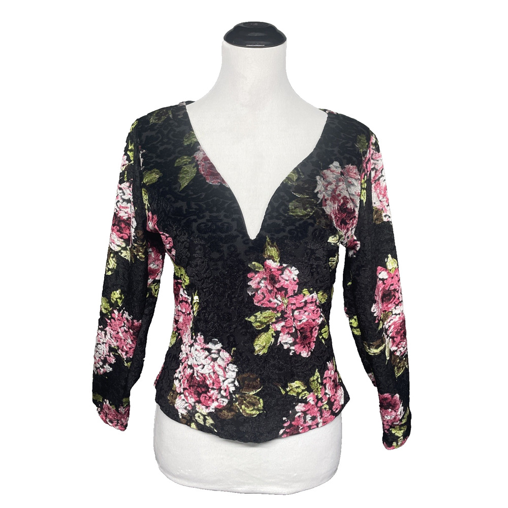 Vtg Top Chic Women SM Blk Velvet Top Floral Textured V-Neck Long Slv Witchy Boho